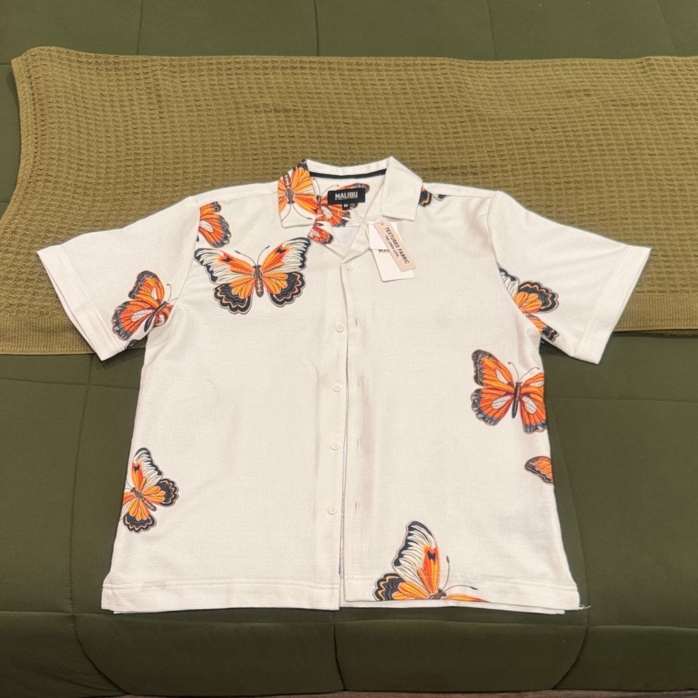Fashion Nova White Shirt with Orange Butterfly Print